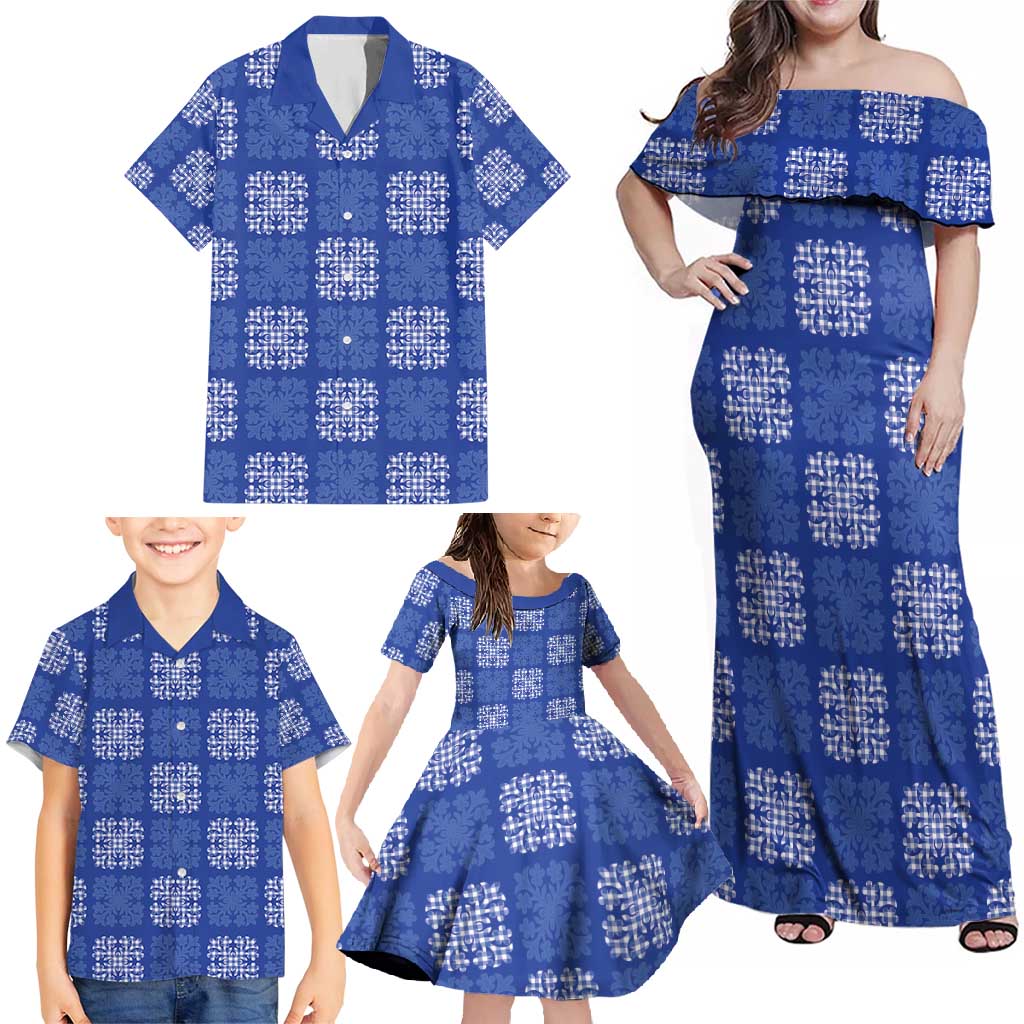 Royal Blue Palaka Quilt Hawaii Family Matching Off Shoulder Maxi Dress and Hawaiian Shirt Traditional Hawaii-plaid Pattern LT14 - Polynesian Pride