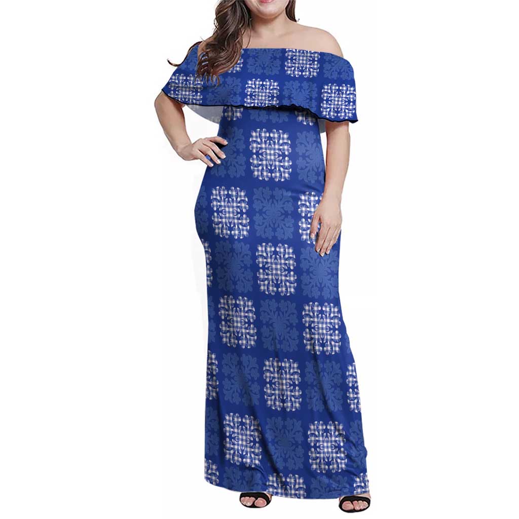 Royal Blue Palaka Quilt Hawaii Family Matching Off Shoulder Maxi Dress and Hawaiian Shirt Traditional Hawaii-plaid Pattern LT14 Mom's Dress Royal Blue - Polynesian Pride