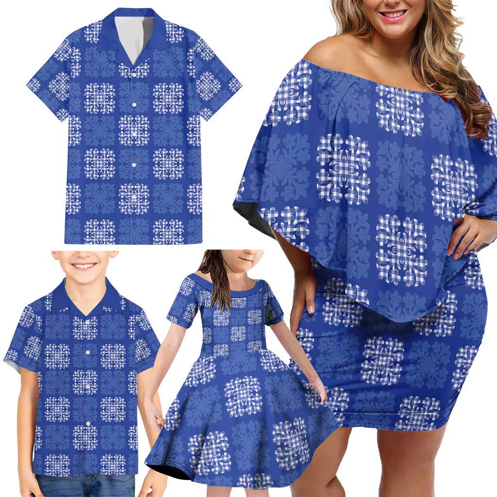 Royal Blue Palaka Quilt Hawaii Family Matching Off Shoulder Short Dress and Hawaiian Shirt Traditional Hawaii-plaid Pattern LT14 - Polynesian Pride