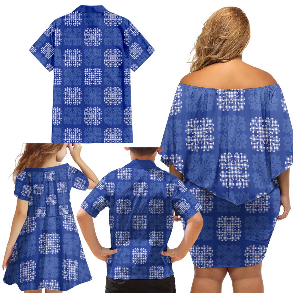 Royal Blue Palaka Quilt Hawaii Family Matching Off Shoulder Short Dress and Hawaiian Shirt Traditional Hawaii-plaid Pattern LT14 - Polynesian Pride