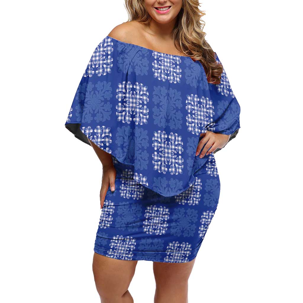 Royal Blue Palaka Quilt Hawaii Family Matching Off Shoulder Short Dress and Hawaiian Shirt Traditional Hawaii-plaid Pattern LT14 Mom's Dress Royal Blue - Polynesian Pride