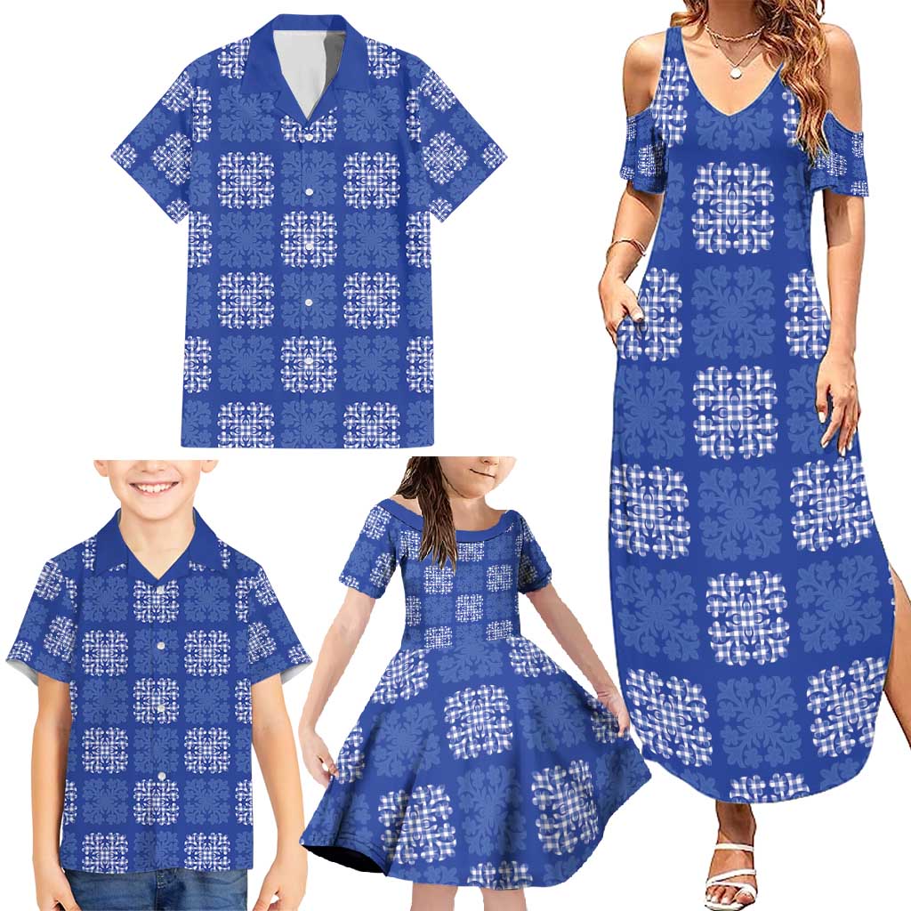 Royal Blue Palaka Quilt Hawaii Family Matching Summer Maxi Dress and Hawaiian Shirt Traditional Hawaii-plaid Pattern LT14 - Polynesian Pride