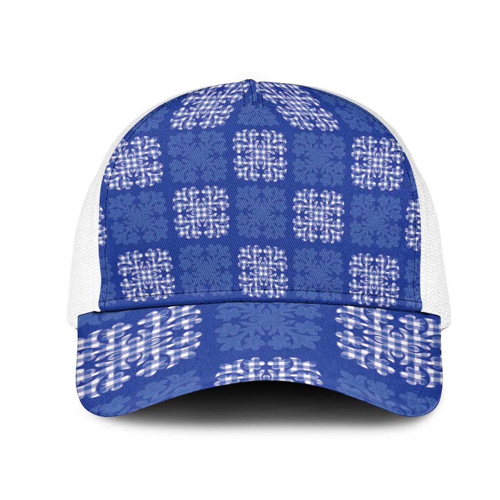 Royal Blue Palaka Quilt Hawaii Mesh Trucker Cap Traditional Hawaii-plaid Pattern - Polynesian Pride