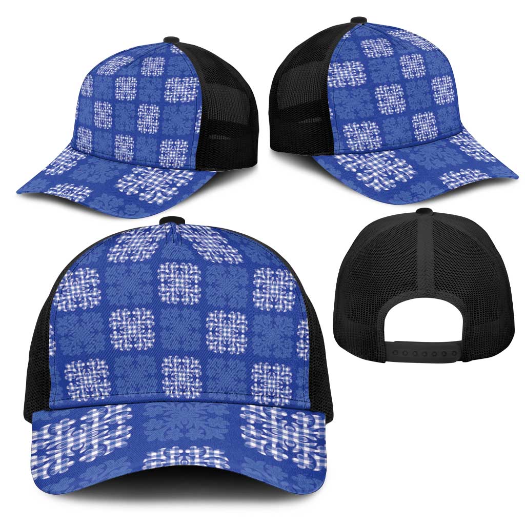 Royal Blue Palaka Quilt Hawaii Mesh Trucker Cap Traditional Hawaii-plaid Pattern - Polynesian Pride