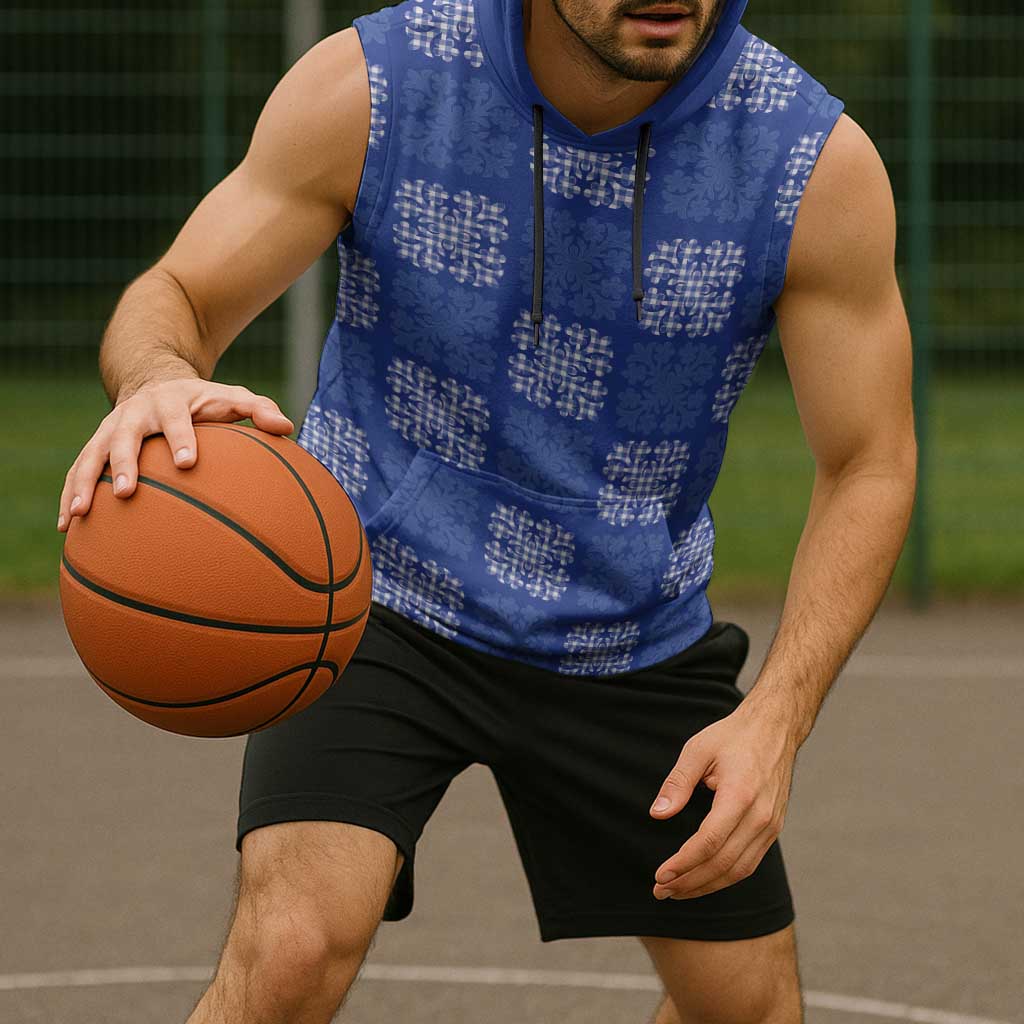Royal Blue Palaka Quilt Hawaii Sleeveless Hoodie Traditional Hawaii-plaid Pattern - Polynesian Pride