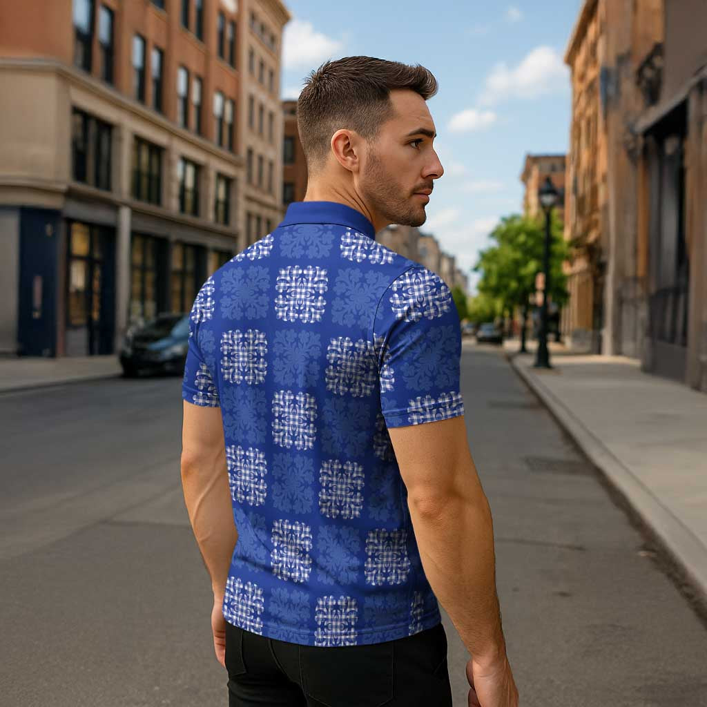 Royal Blue Palaka Quilt Hawaii Zipper Polo Shirt Traditional Hawaii-plaid Pattern - Polynesian Pride