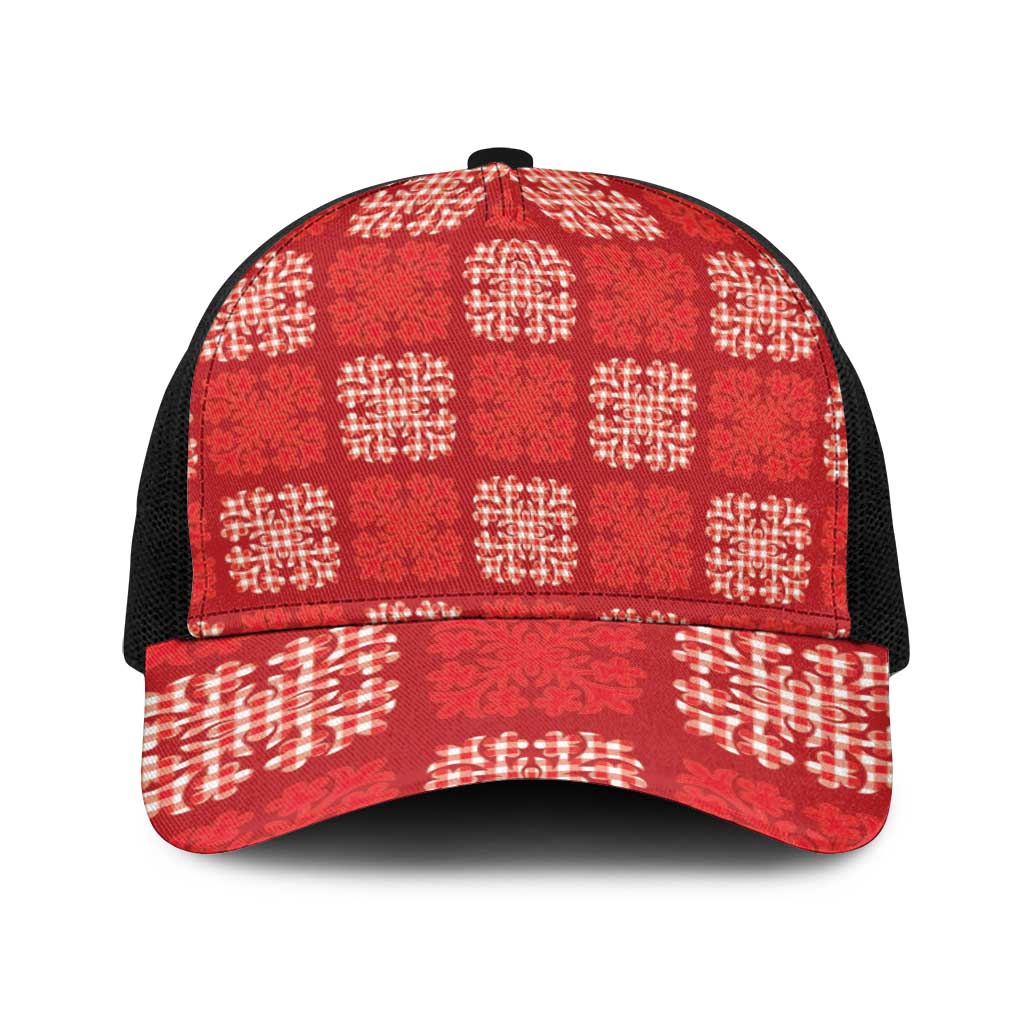 Red Palaka Quilt Hawaii Baseball Net Cap Traditional Hawaii-plaid Pattern - Polynesian Pride