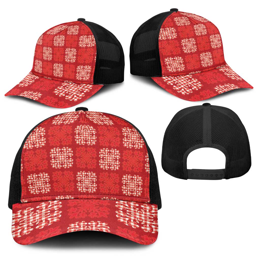 Red Palaka Quilt Hawaii Baseball Net Cap Traditional Hawaii-plaid Pattern - Polynesian Pride