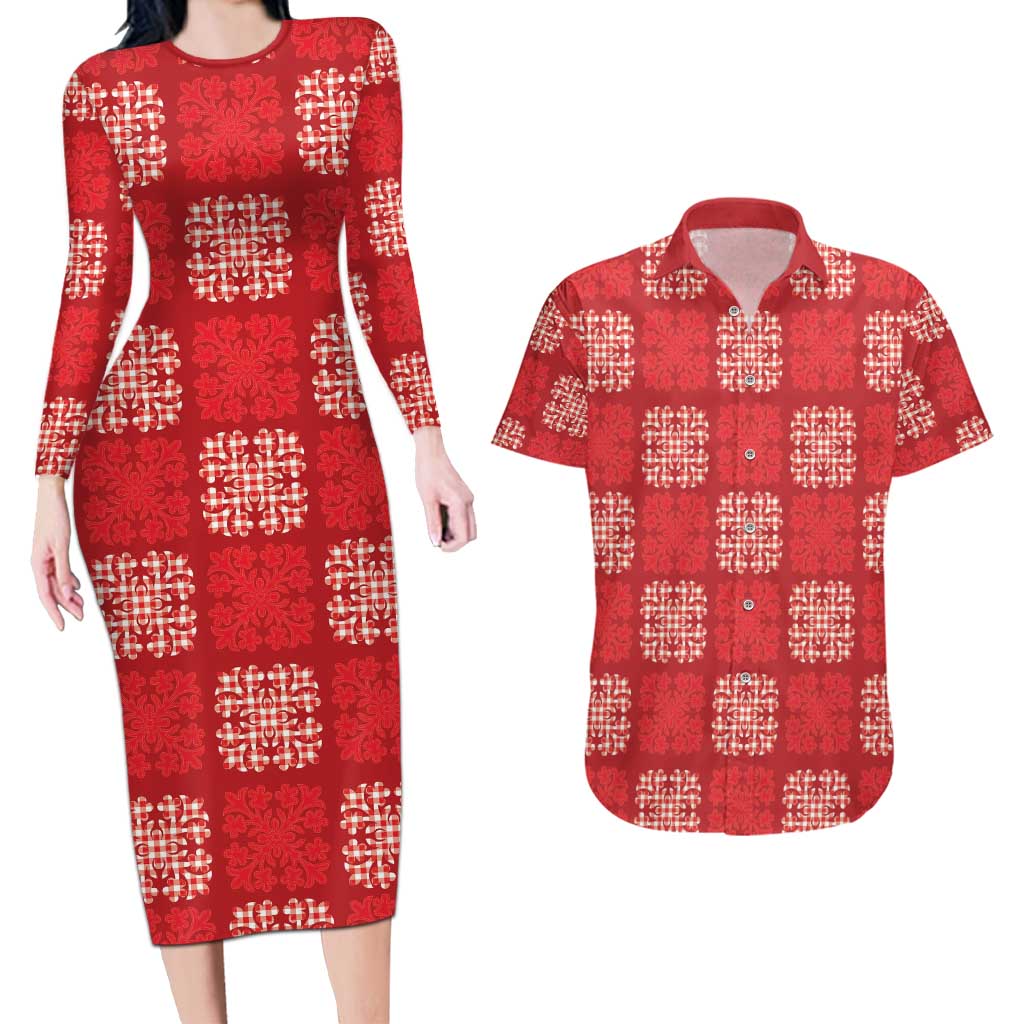 Red Palaka Quilt Hawaii Couples Matching Long Sleeve Bodycon Dress and Hawaiian Shirt Traditional Hawaii-plaid Pattern LT14 Red - Polynesian Pride