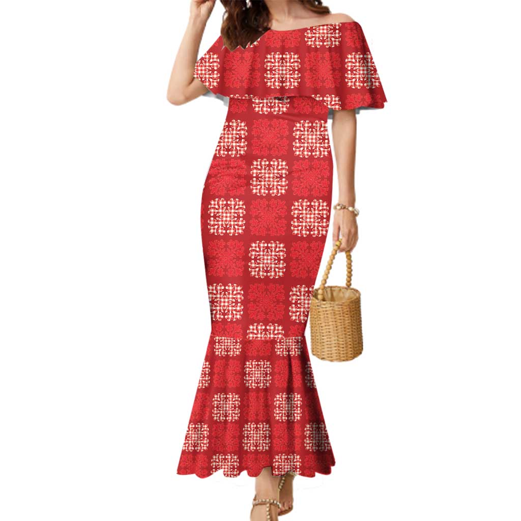 Red Palaka Quilt Hawaii Family Matching Mermaid Dress and Hawaiian Shirt Traditional Hawaii-plaid Pattern LT14 Mom's Dress Red - Polynesian Pride