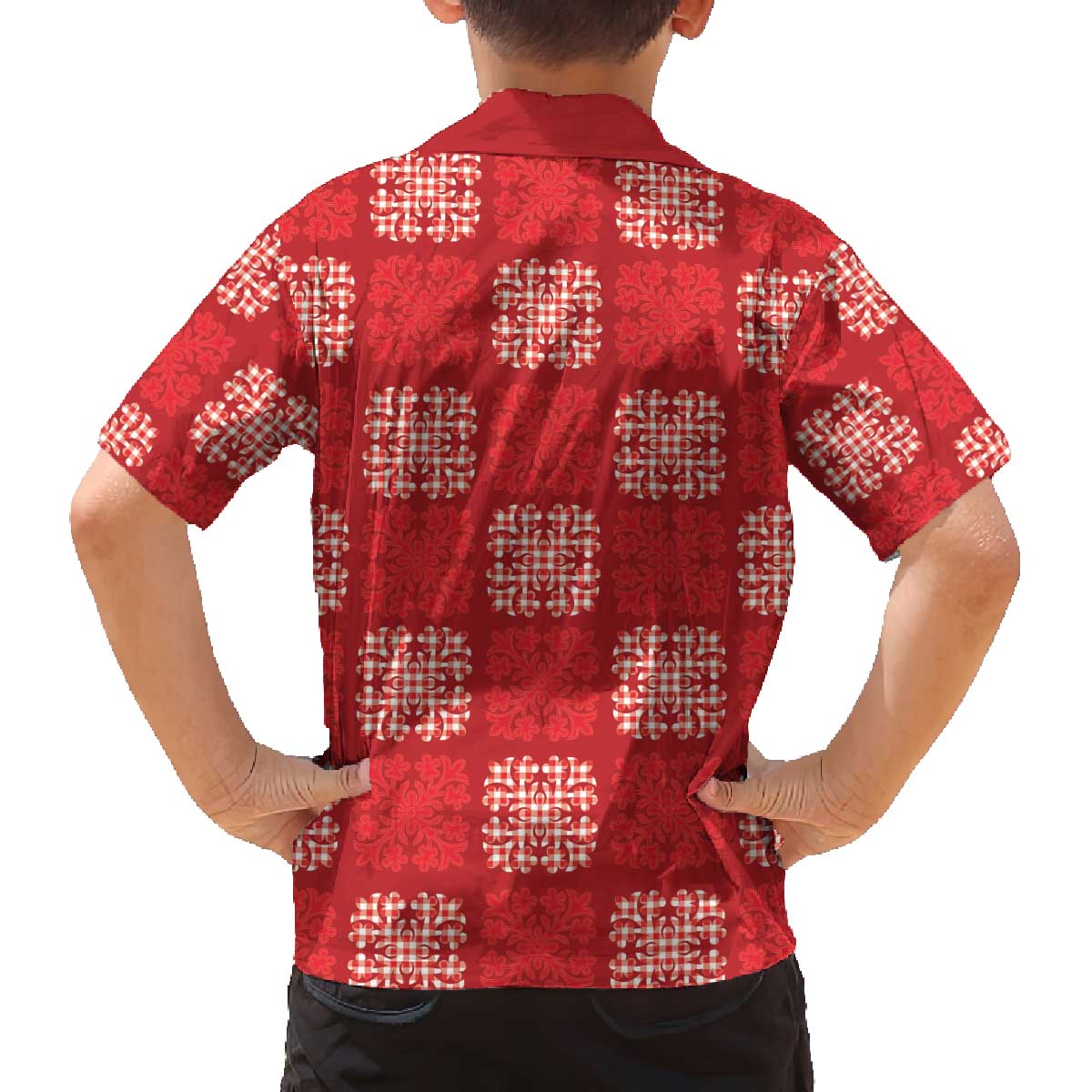 Red Palaka Quilt Hawaii Family Matching Off The Shoulder Long Sleeve Dress and Hawaiian Shirt Traditional Hawaii-plaid Pattern LT14 - Polynesian Pride