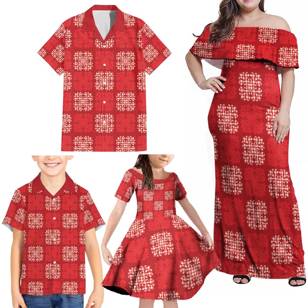 Red Palaka Quilt Hawaii Family Matching Off Shoulder Maxi Dress and Hawaiian Shirt Traditional Hawaii-plaid Pattern LT14 - Polynesian Pride
