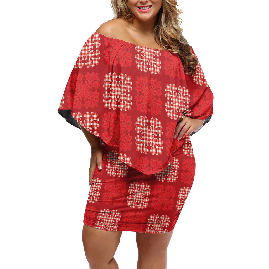 Red Palaka Quilt Hawaii Family Matching Off Shoulder Short Dress and Hawaiian Shirt Traditional Hawaii-plaid Pattern LT14 Mom's Dress Red - Polynesian Pride