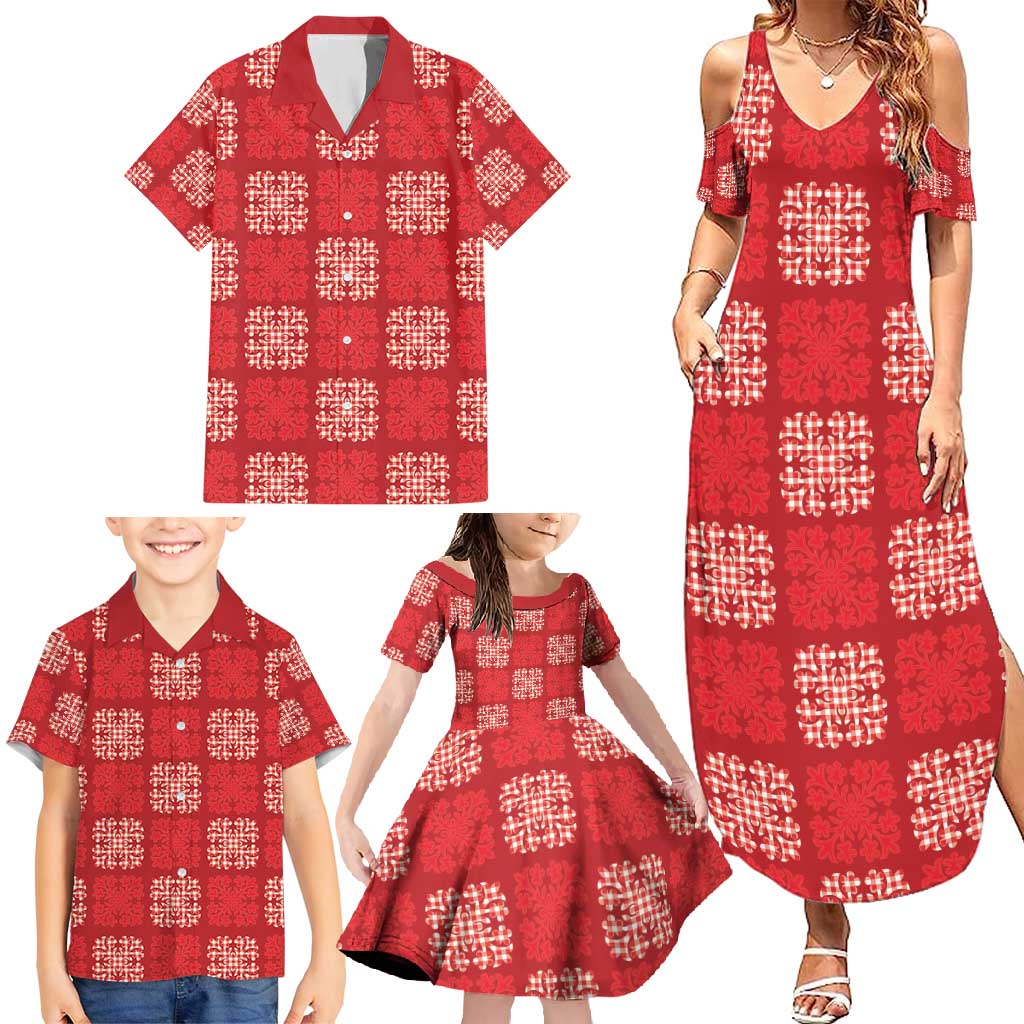 Red Palaka Quilt Hawaii Family Matching Summer Maxi Dress and Hawaiian Shirt Traditional Hawaii-plaid Pattern LT14 - Polynesian Pride