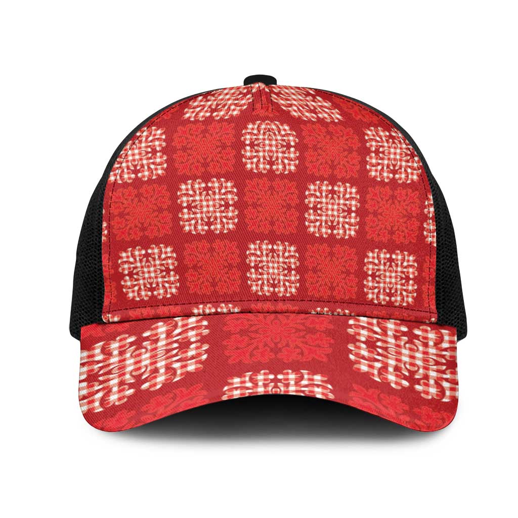 Red Palaka Quilt Hawaii Mesh Trucker Cap Traditional Hawaii-plaid Pattern - Polynesian Pride