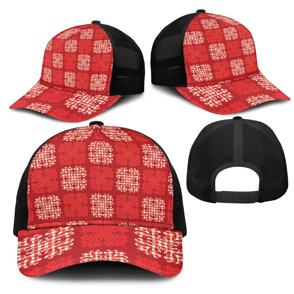 Red Palaka Quilt Hawaii Mesh Trucker Cap Traditional Hawaii-plaid Pattern - Polynesian Pride