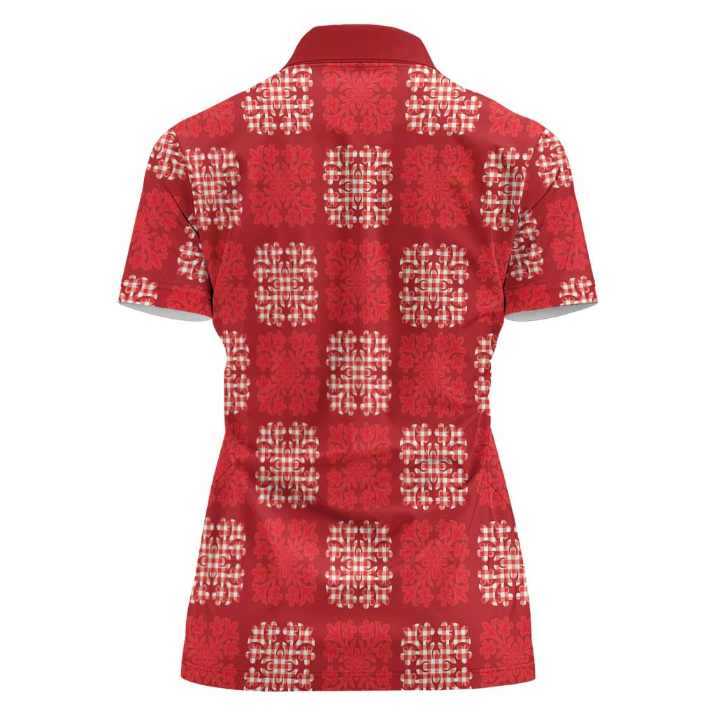 Red Palaka Quilt Hawaii Women Polo Shirt Traditional Hawaii-plaid Pattern - Polynesian Pride