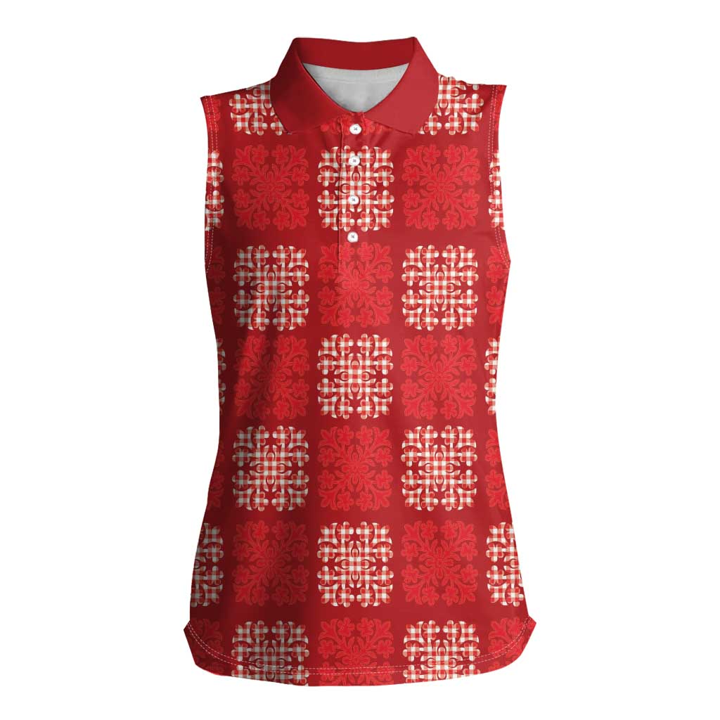 Red Palaka Quilt Hawaii Women Sleeveless Polo Shirt Traditional Hawaii-plaid Pattern LT14 Female Red - Polynesian Pride