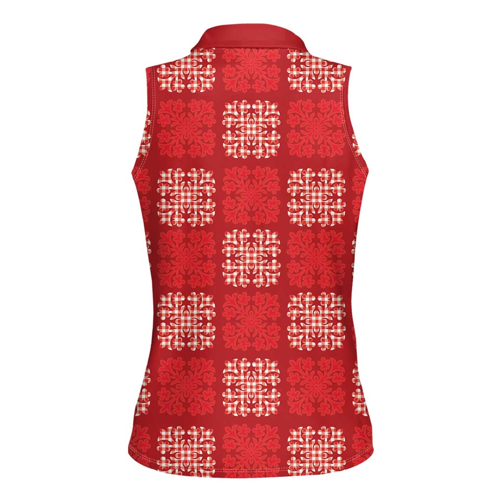 Red Palaka Quilt Hawaii Women Sleeveless Polo Shirt Traditional Hawaii-plaid Pattern LT14 - Polynesian Pride