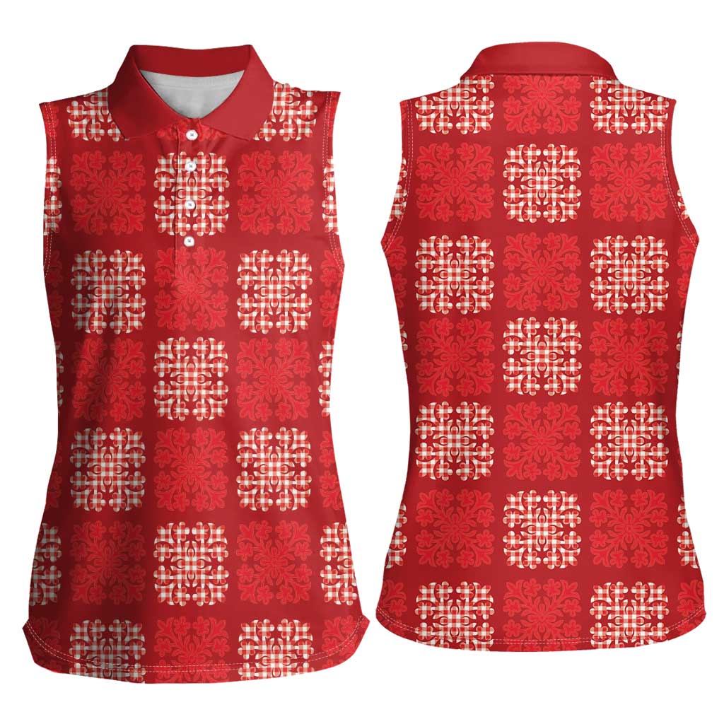 Red Palaka Quilt Hawaii Women Sleeveless Polo Shirt Traditional Hawaii-plaid Pattern LT14 - Polynesian Pride