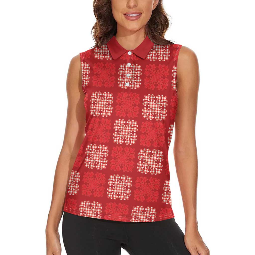 Red Palaka Quilt Hawaii Women Sleeveless Polo Shirt Traditional Hawaii-plaid Pattern LT14 - Polynesian Pride