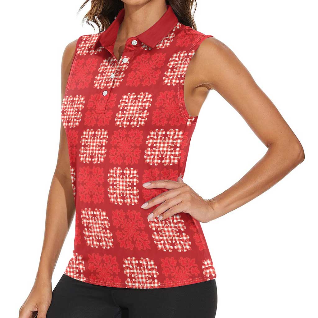 Red Palaka Quilt Hawaii Women Sleeveless Polo Shirt Traditional Hawaii-plaid Pattern LT14 - Polynesian Pride