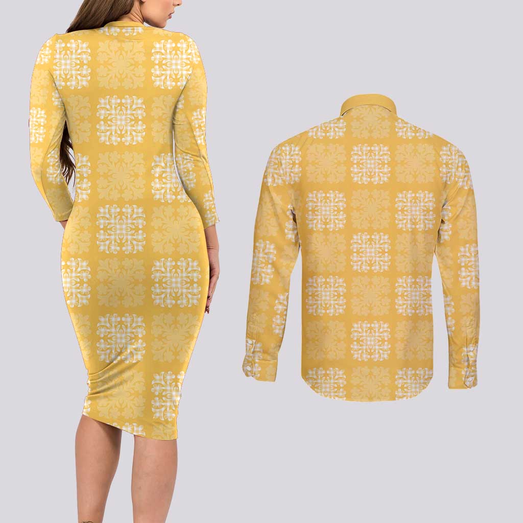 Yellow Palaka Quilt Hawaii Couples Matching Long Sleeve Bodycon Dress and Long Sleeve Button Shirt Traditional Hawaii-plaid Pattern LT14 - Polynesian Pride