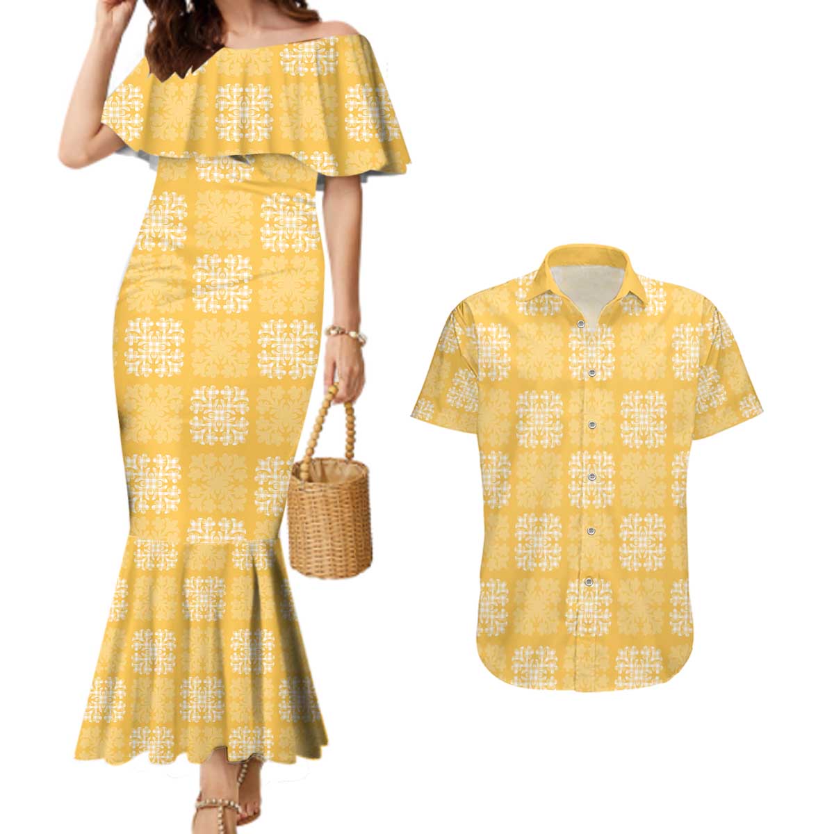 Yellow Palaka Quilt Hawaii Couples Matching Mermaid Dress and Hawaiian Shirt Traditional Hawaii-plaid Pattern LT14 Yellow - Polynesian Pride