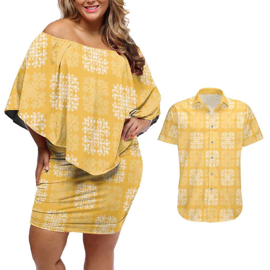 Yellow Palaka Quilt Hawaii Couples Matching Off Shoulder Short Dress and Hawaiian Shirt Traditional Hawaii-plaid Pattern LT14 Yellow - Polynesian Pride