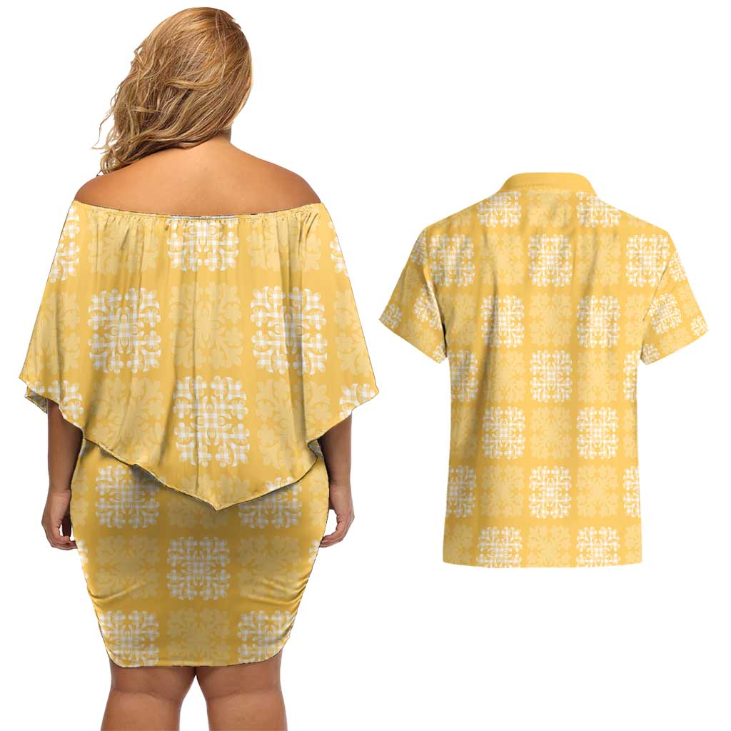 Yellow Palaka Quilt Hawaii Couples Matching Off Shoulder Short Dress and Hawaiian Shirt Traditional Hawaii-plaid Pattern LT14 - Polynesian Pride