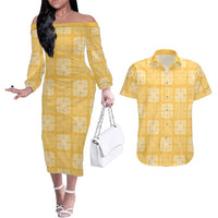 Yellow Palaka Quilt Hawaii Couples Matching Off The Shoulder Long Sleeve Dress and Hawaiian Shirt Traditional Hawaii-plaid Pattern LT14 Yellow - Polynesian Pride