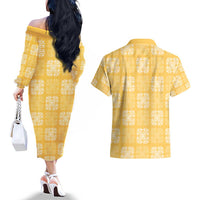 Yellow Palaka Quilt Hawaii Couples Matching Off The Shoulder Long Sleeve Dress and Hawaiian Shirt Traditional Hawaii-plaid Pattern LT14 - Polynesian Pride