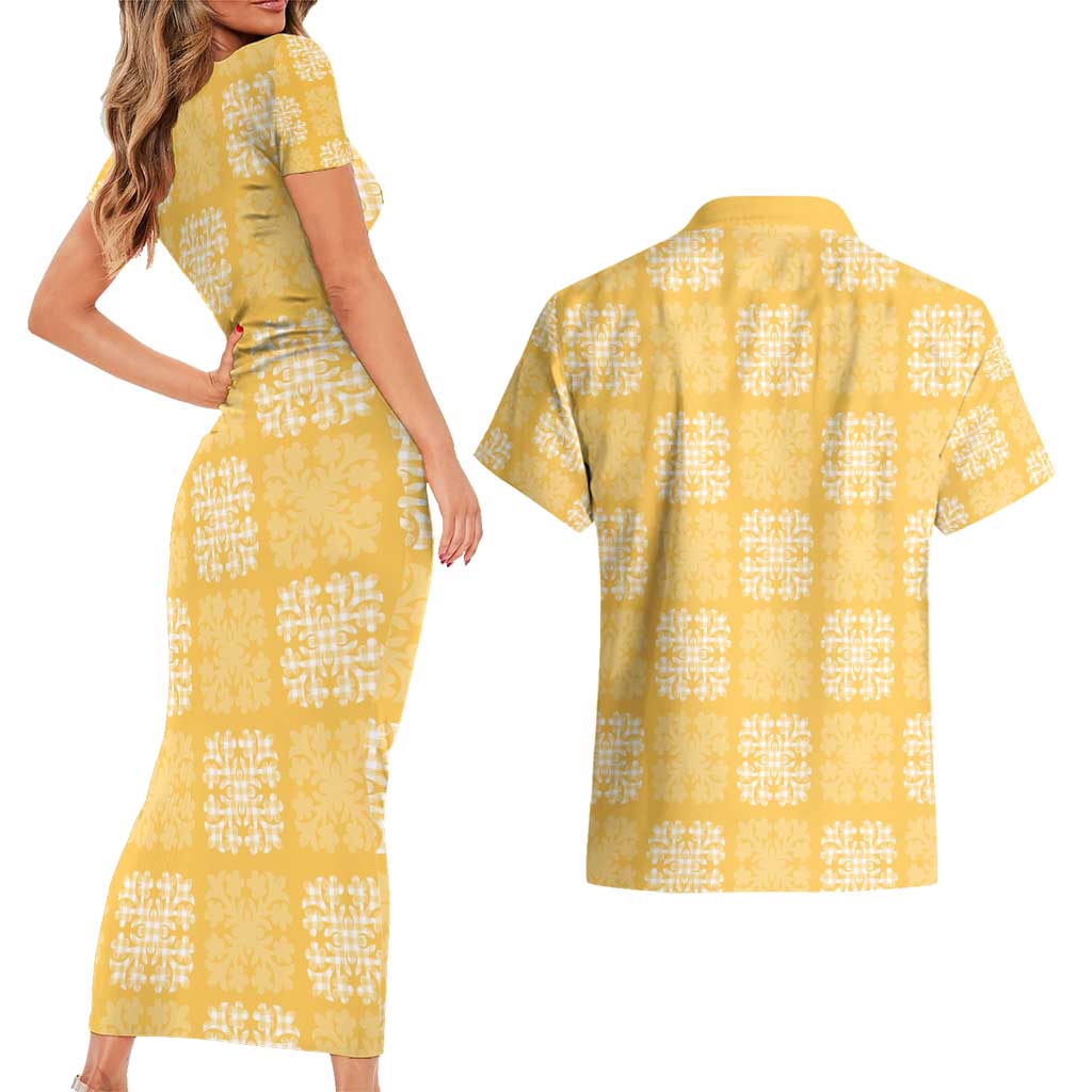 Yellow Palaka Quilt Hawaii Couples Matching Short Sleeve Bodycon Dress and Hawaiian Shirt Traditional Hawaii-plaid Pattern LT14 - Polynesian Pride