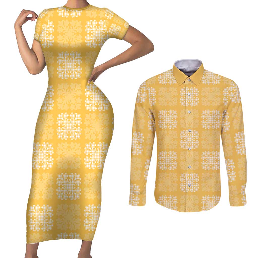 Yellow Palaka Quilt Hawaii Couples Matching Short Sleeve Bodycon Dress and Long Sleeve Button Shirt Traditional Hawaii-plaid Pattern LT14 Yellow - Polynesian Pride