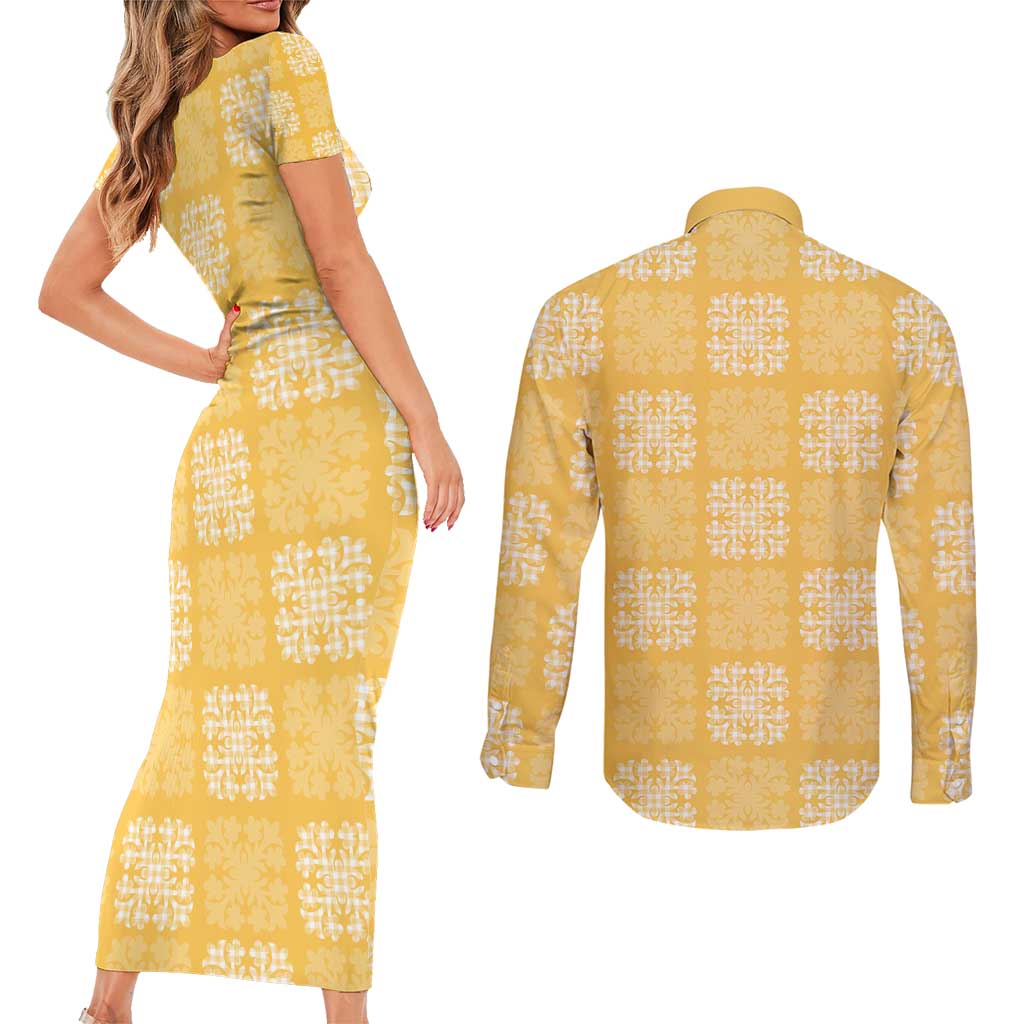 Yellow Palaka Quilt Hawaii Couples Matching Short Sleeve Bodycon Dress and Long Sleeve Button Shirt Traditional Hawaii-plaid Pattern LT14 - Polynesian Pride