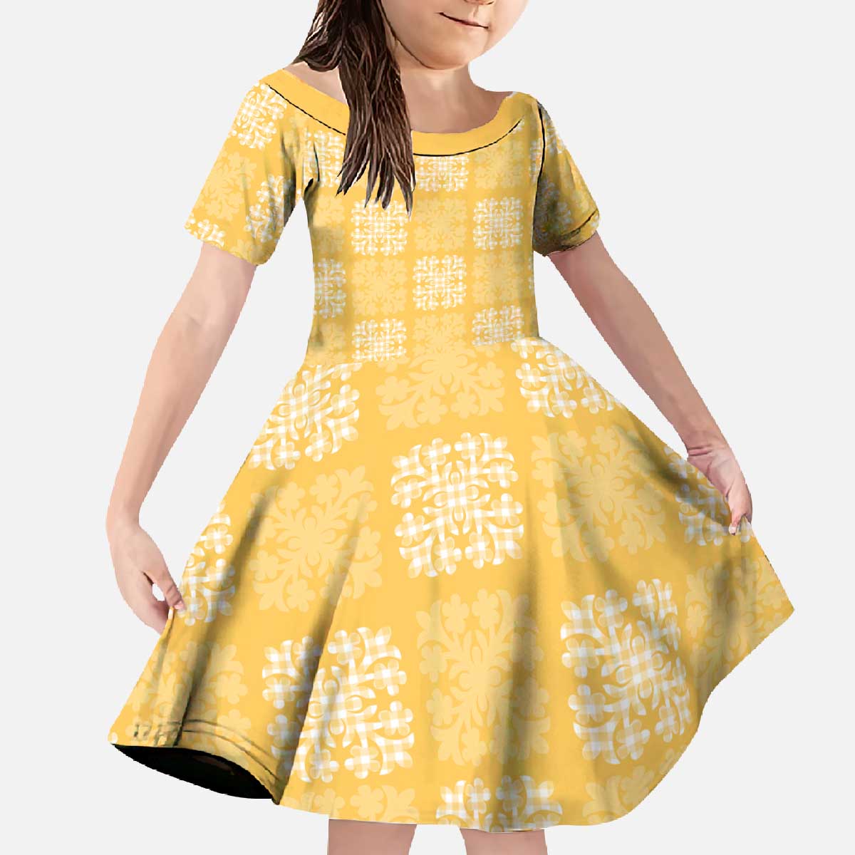 Yellow Palaka Quilt Hawaii Family Matching Off The Shoulder Long Sleeve Dress and Hawaiian Shirt Traditional Hawaii-plaid Pattern LT14 Daughter's Dress Yellow - Polynesian Pride