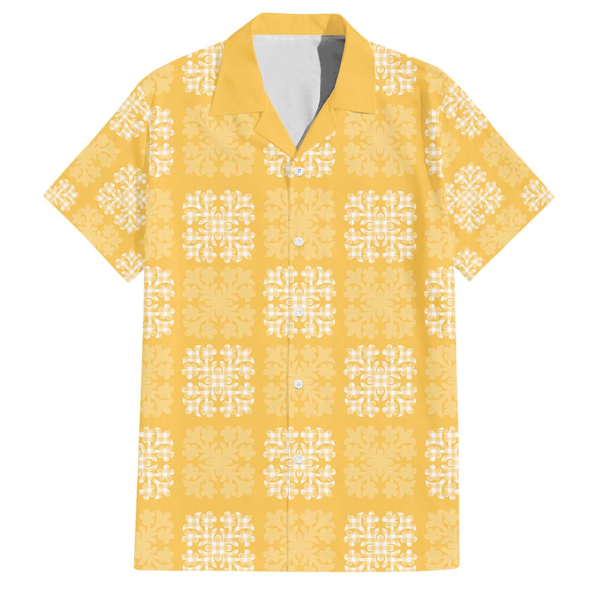 Yellow Palaka Quilt Hawaii Family Matching Off The Shoulder Long Sleeve Dress and Hawaiian Shirt Traditional Hawaii-plaid Pattern LT14 Dad's Shirt - Short Sleeve Yellow - Polynesian Pride