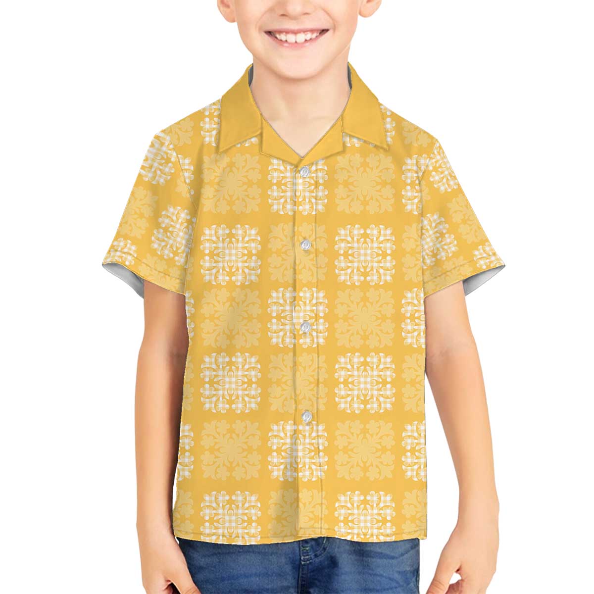 Yellow Palaka Quilt Hawaii Family Matching Off The Shoulder Long Sleeve Dress and Hawaiian Shirt Traditional Hawaii-plaid Pattern LT14 Son's Shirt Yellow - Polynesian Pride