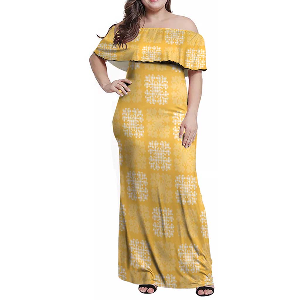 Yellow Palaka Quilt Hawaii Family Matching Off Shoulder Maxi Dress and Hawaiian Shirt Traditional Hawaii-plaid Pattern LT14 Mom's Dress Yellow - Polynesian Pride