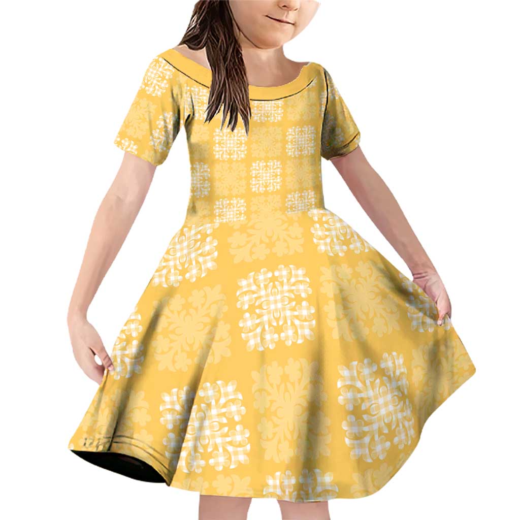 Yellow Palaka Quilt Hawaii Family Matching Off Shoulder Short Dress and Hawaiian Shirt Traditional Hawaii-plaid Pattern LT14 Daughter's Dress Yellow - Polynesian Pride