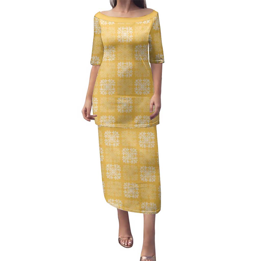 Yellow Palaka Quilt Hawaii Family Matching Puletasi and Hawaiian Shirt Traditional Hawaii-plaid Pattern LT14 Mom's Dress Yellow - Polynesian Pride
