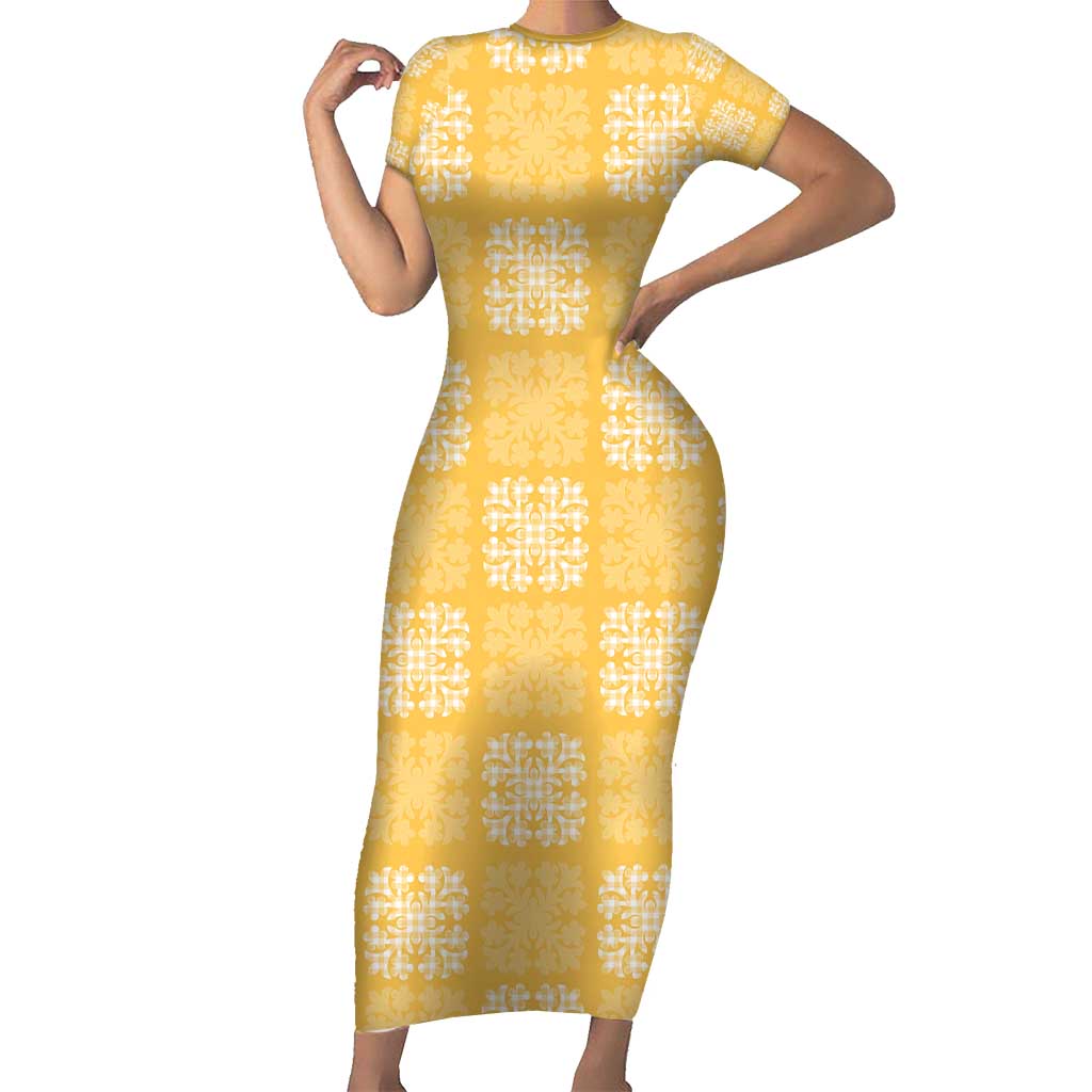 Yellow Palaka Quilt Hawaii Family Matching Short Sleeve Bodycon Dress and Hawaiian Shirt Traditional Hawaii-plaid Pattern LT14 Mom's Dress Yellow - Polynesian Pride