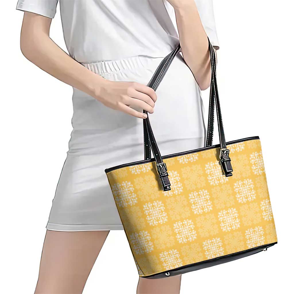 Yellow Palaka Quilt Hawaii Leather Tote Bag Traditional Hawaii-plaid Pattern - Polynesian Pride