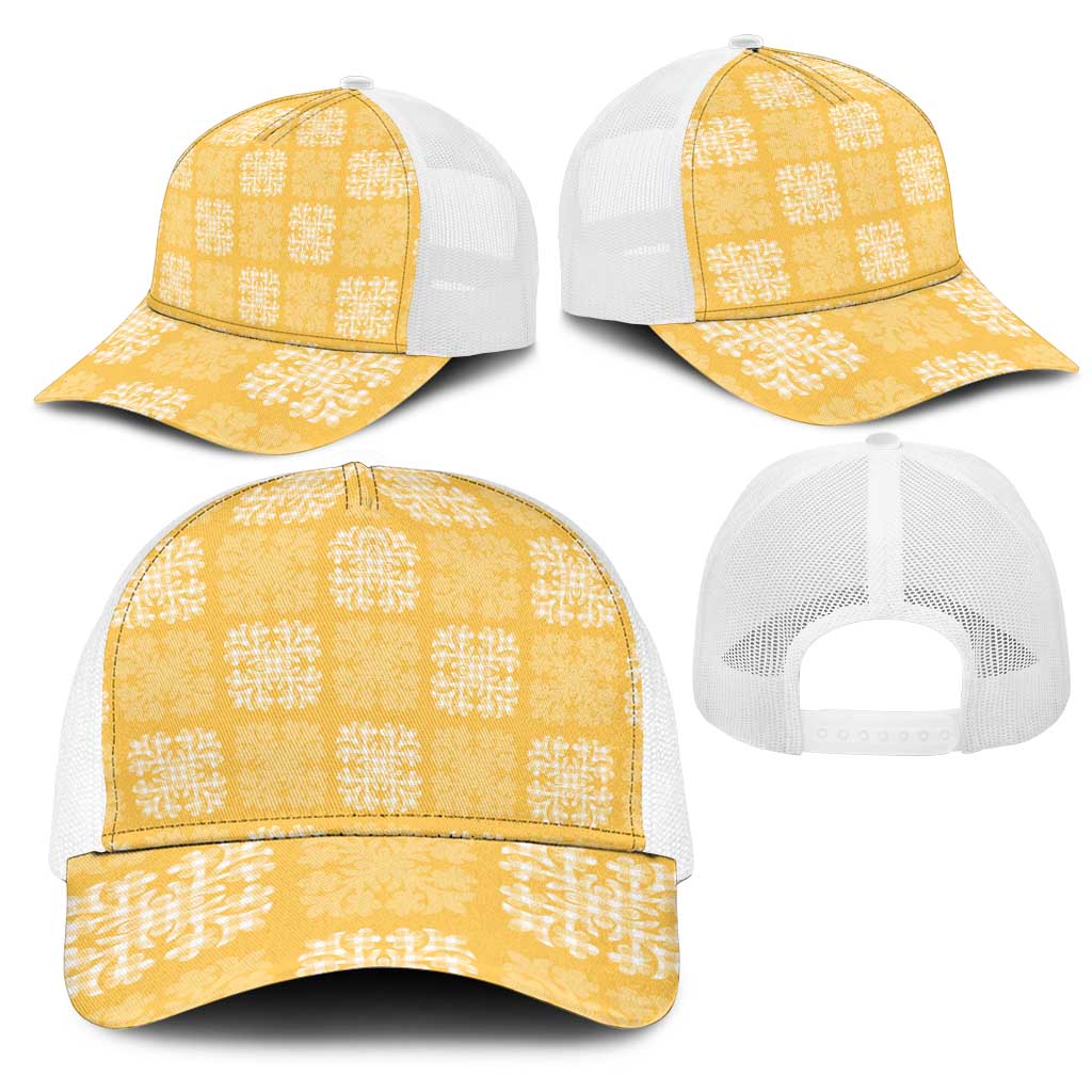 Yellow Palaka Quilt Hawaii Mesh Trucker Cap Traditional Hawaii-plaid Pattern - Polynesian Pride