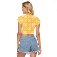 Yellow Palaka Quilt Hawaii Raglan Cropped T Shirt Traditional Hawaii-plaid Pattern - Polynesian Pride