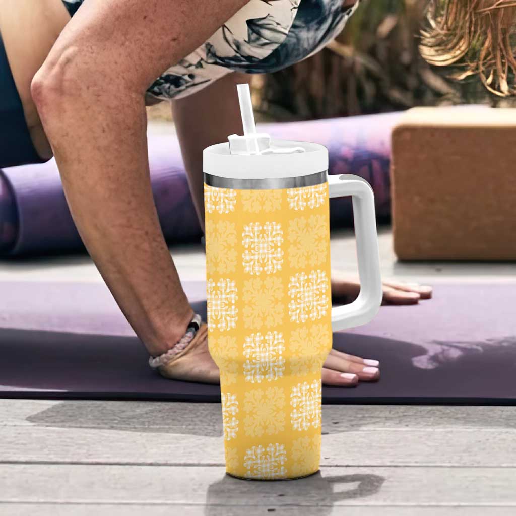 Yellow Palaka Quilt Hawaii Tumbler With Handle Traditional Hawaii-plaid Pattern - Polynesian Pride