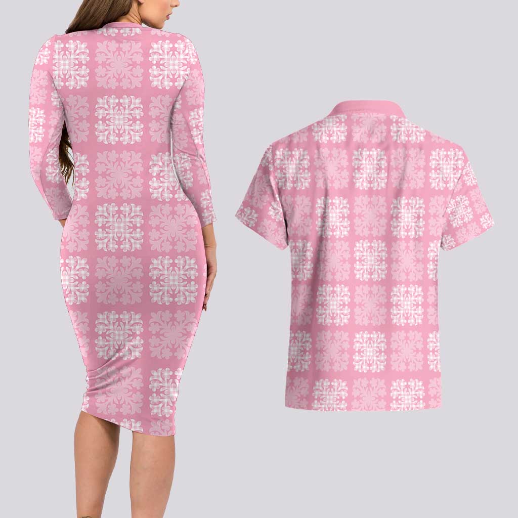 Pink Palaka Quilt Hawaii Couples Matching Long Sleeve Bodycon Dress and Hawaiian Shirt Traditional Hawaii-plaid Pattern LT14 - Polynesian Pride