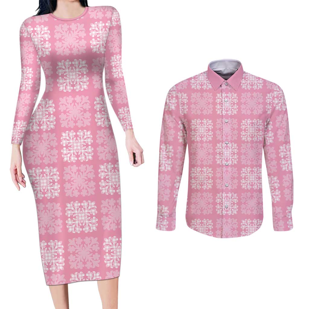 Pink Palaka Quilt Hawaii Couples Matching Long Sleeve Bodycon Dress and Long Sleeve Button Shirt Traditional Hawaii-plaid Pattern LT14 Pink - Polynesian Pride