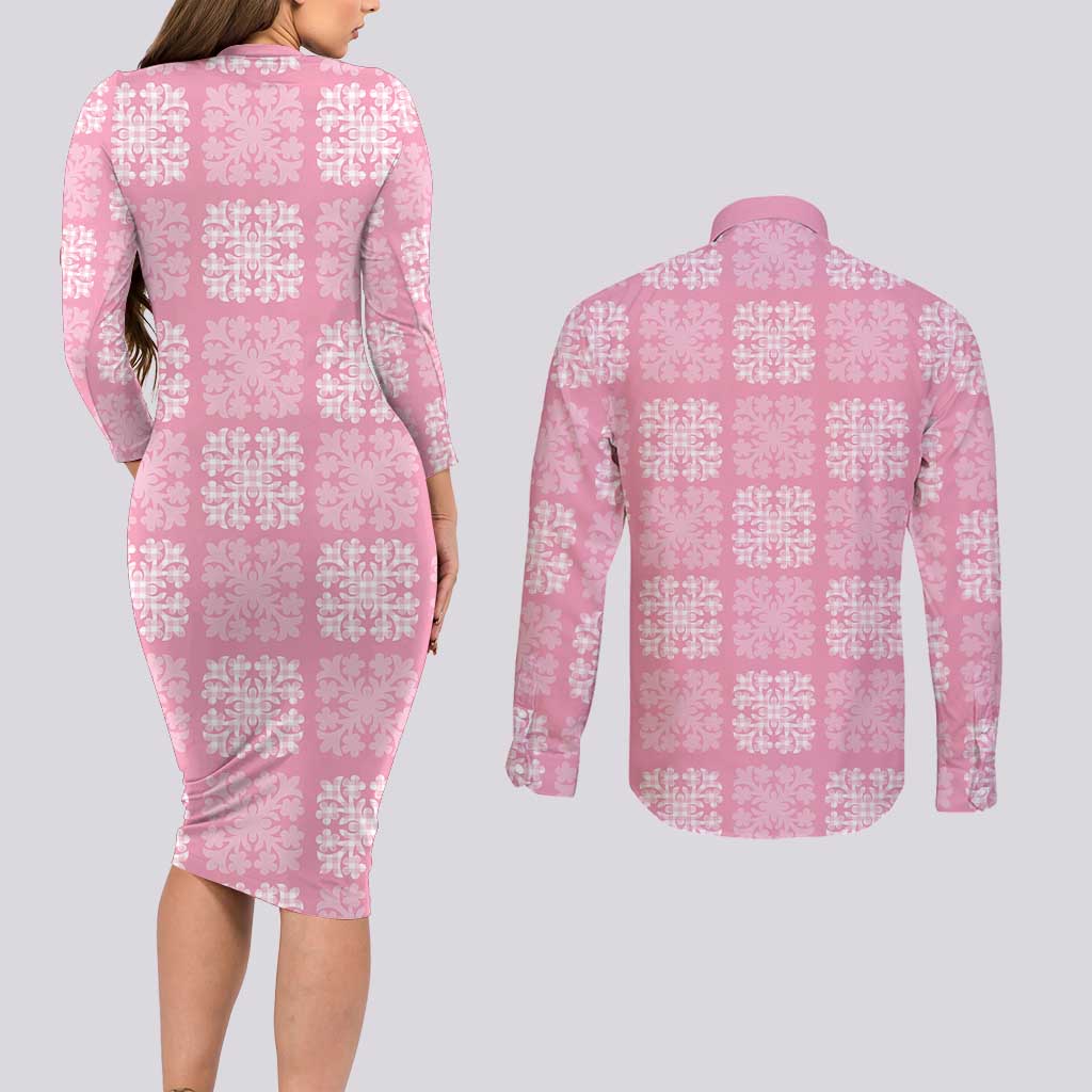 Pink Palaka Quilt Hawaii Couples Matching Long Sleeve Bodycon Dress and Long Sleeve Button Shirt Traditional Hawaii-plaid Pattern LT14 - Polynesian Pride