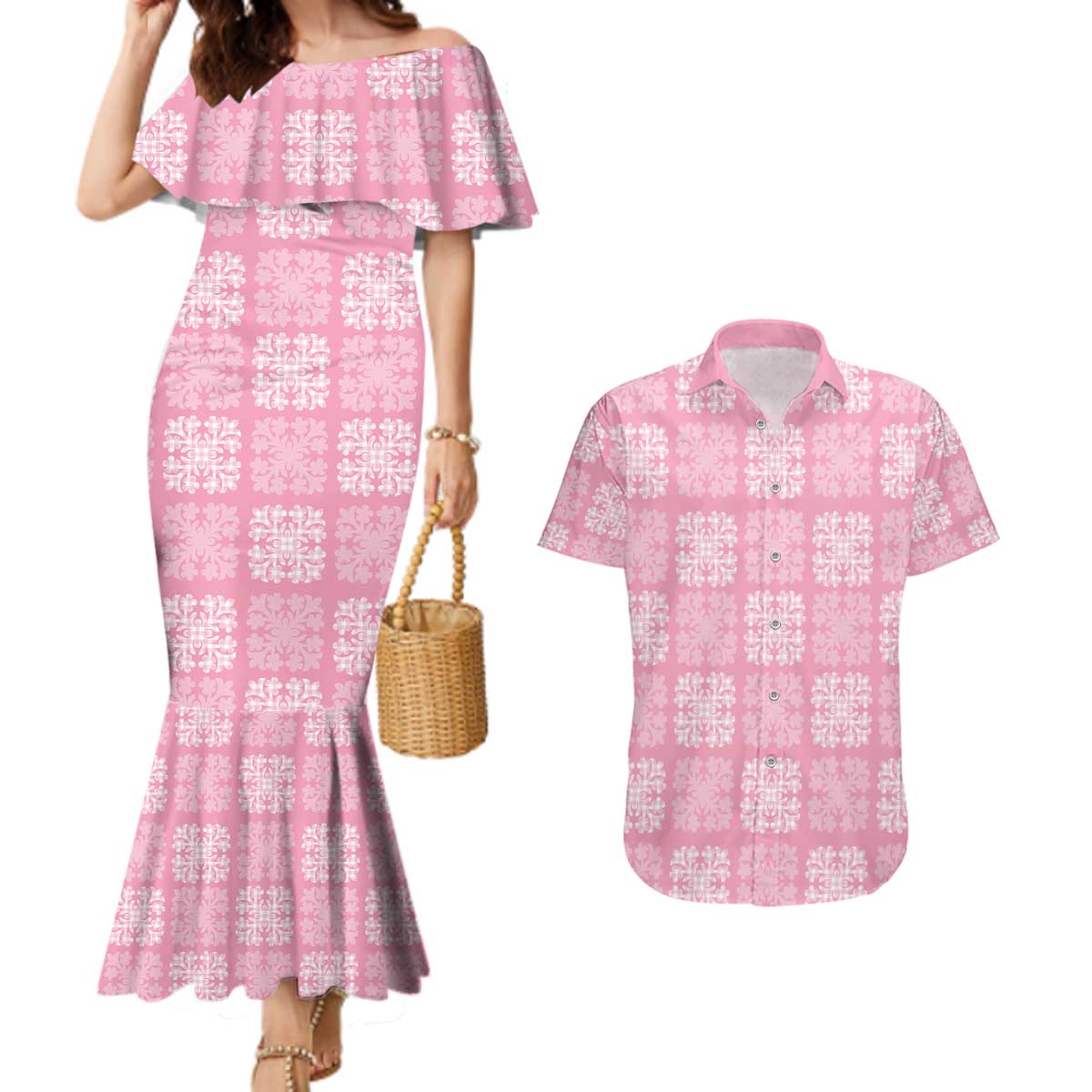 Pink Palaka Quilt Hawaii Couples Matching Mermaid Dress and Hawaiian Shirt Traditional Hawaii-plaid Pattern LT14 Pink - Polynesian Pride